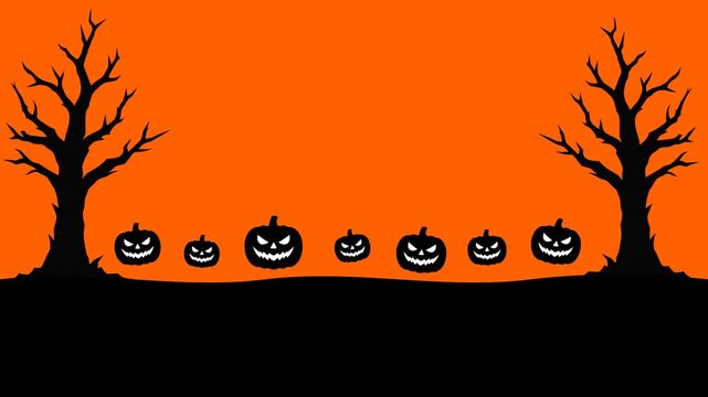 Animated black silhouette jack-o'-lantern pumpkins and dead trees against orange background