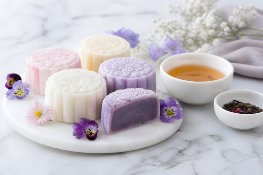 Pastel vegan snow skin mooncakes with purple taro filling