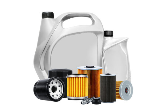 Automotive oil filters and motor oil containers bronze colour isolated on transparent background.