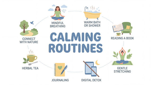 Calming routines concept for anxiety relief self care practices mindful breathing nature connection and screen free relaxation before sleep