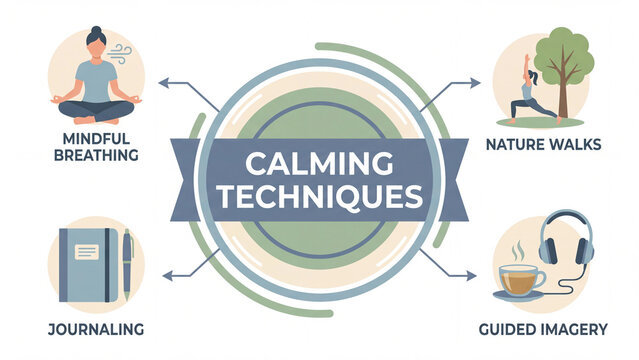 Calming techniques concept for mindful breathing nature walks guided imagery and journaling as anxiety management and relaxation strategies
