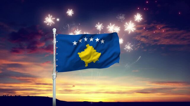 Kosovan flag waves proudly during a festive fireworks animation video display