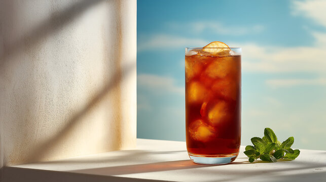 Iced Black Tea Glass by Sunlit Window with Mint Leaf