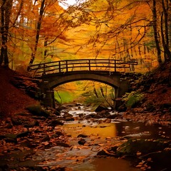 A peaceful autumn forest scene with a rustic stone bridge over a calm stream. © Wempaygg