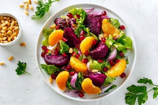 Fresh salad with roasted beets, mandarin oranges, pomegranate seeds, and pine nuts on a white plate