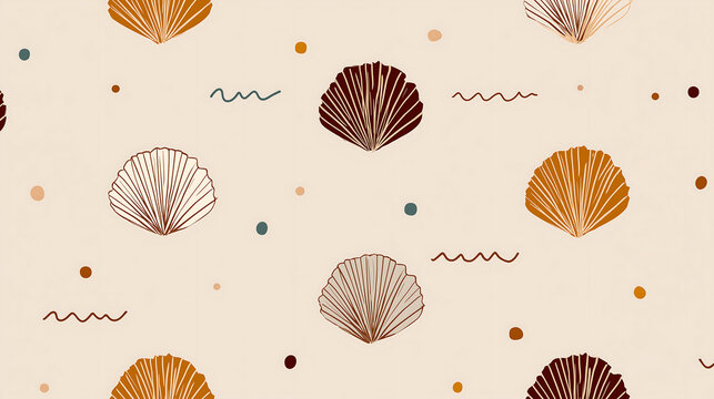 Coastal Seashell Seamless Pattern with Wave Line Illustration