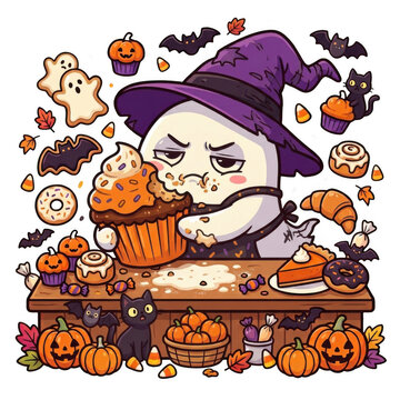 Halloween Feast Frenzy: A whimsical ghost donning a witch's hat indulges in a delightful Halloween spread, surrounded by spooky treats and autumn decorations.