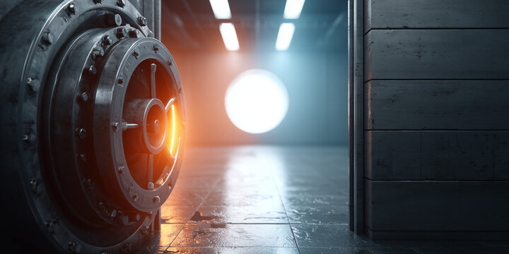 Close up of an open vault door with a glowing interior in a modern financial institution symbolizing central banking and interest rate decisions