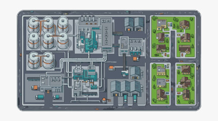 Fototapeta premium Elegant Isometric of Industrial Brewery Complex Surrounded by Modern Residential Neighborhoods with high quality professional line art symbols for modern creative design and digital branding projects