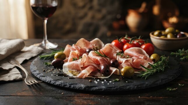 A beautifully arranged platter of prosciutto and tomatoes sits on a dark slate board.