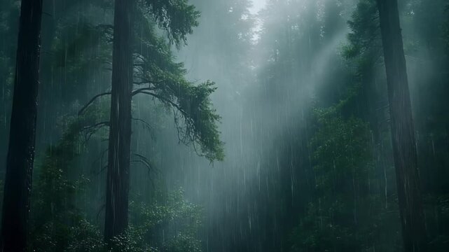 Misty forest scene with tall pine trees in foggy atmosphere