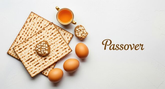 A flat lay composition showcases Passover traditions. Several pieces of matzah, a type of unleavened bread, are arranged alongside a small cup of tea and a hard-boiled egg.