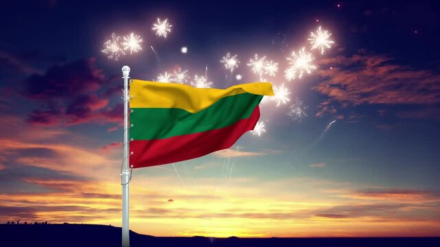 Lithuanian flag waving proudly in motion during a colorful fireworks display video