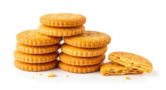 A stack of round crackers sits on a white surface. A few broken crackers are scattered around the stack.