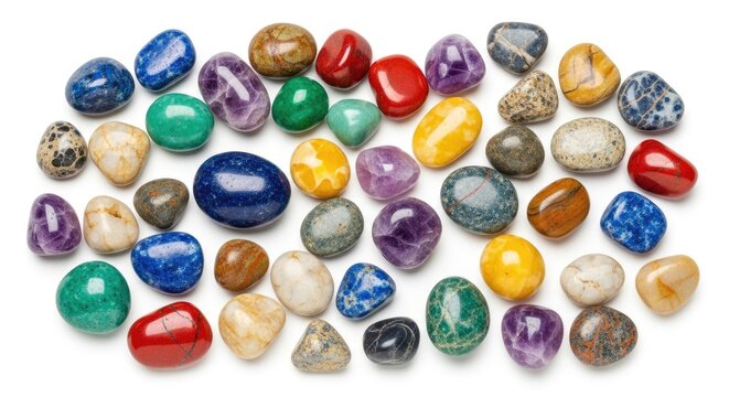 A collection of polished gemstone pebbles is arranged on a white surface. The stones display a variety of colors and patterns, including blue, red, green, yellow, purple, and brown.