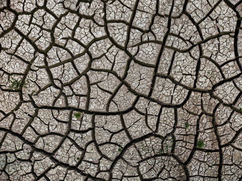 Aerial view of parched, cracked earth with small patches of green vegetation indicating drought conditions in Castiglione del Lago, Umbria, Italy.