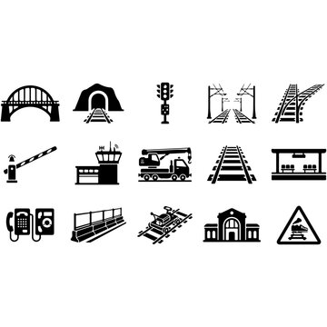 Railway Infrastructure and Train Transportation Symbols with Bridge Tunnel Tracks Signals Crossing and Station Vector Icons