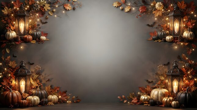 Festive autumn background with glowing lanterns pumpkins and fall foliage frame for seasonal holiday celebration photography