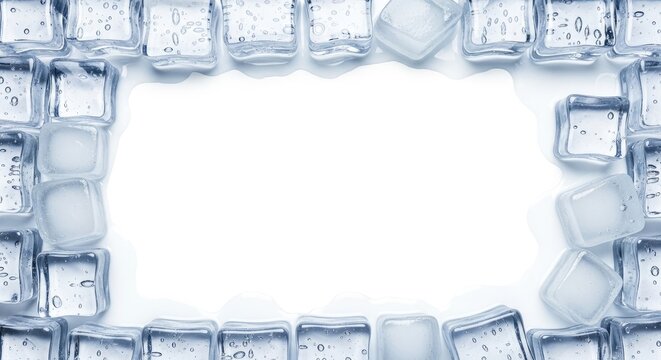 A collection of ice cubes forms a rectangular frame around a blank white space. The ice cubes are translucent and contain small air bubbles, creating a textured and refreshing visual.