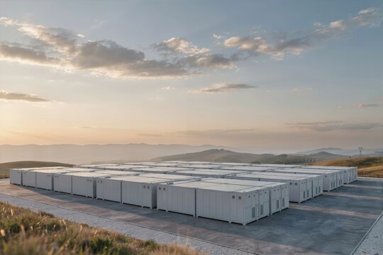 Wide angle view of a massive lithium ion battery energy storage facility with rows of white containers on a concrete base under a cloudy sky