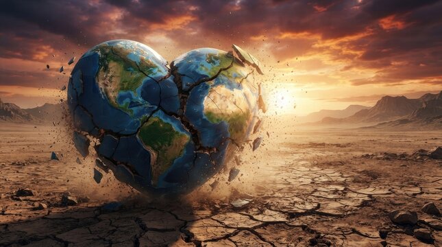 A shattered globe, representing Earth, is exploding with fragments against a dramatic, fiery sunset.