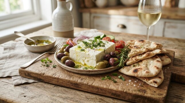 A rustic wooden cutting board displays a generous serving of Greek cheese, accompanied by warm pita bread, olives, tomatoes, and a small bowl of olive oil.