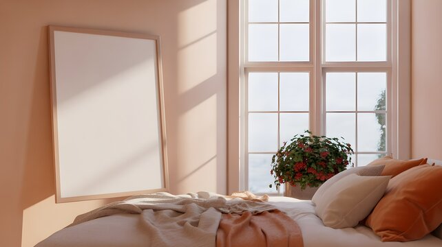 Vertical wooden frame mockup leaning against a peachcolored wall next to a bed with pillows and a window