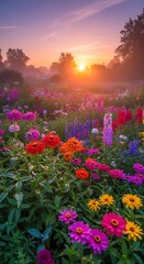 Fototapeta premium Vibrant garden full of colorful flowers at sunrise.