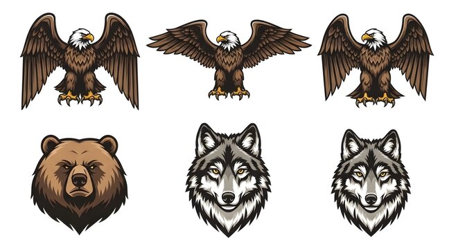 Set of vector illustrations featuring majestic eagles bears and wolves with detailed textures ideal for wild animal logo and mascot designs