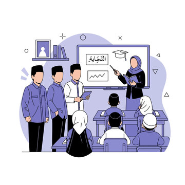 Hijab-clad teacher instructs a group of young Islamic students using a whiteboard in a classroom environment.