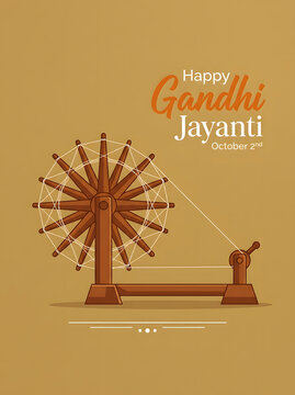 Happy Gandhi Jayanti greeting card design with traditional wooden spinning wheel charkha