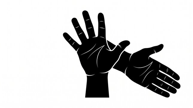 Vector Black Hand Gestures Set, Sign Language Alphabet Number Five Icon, Scaled Silhouette Shapes with White Outlines, Communication Symbols Collection for Design