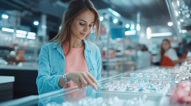 Young woman browsing jewelry in a brightly lit store.