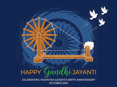 Gandhi Jayanti celebration banner with spinning wheel charkha and flying peace doves