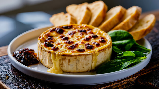 A white plate topped with a baked brie and bread