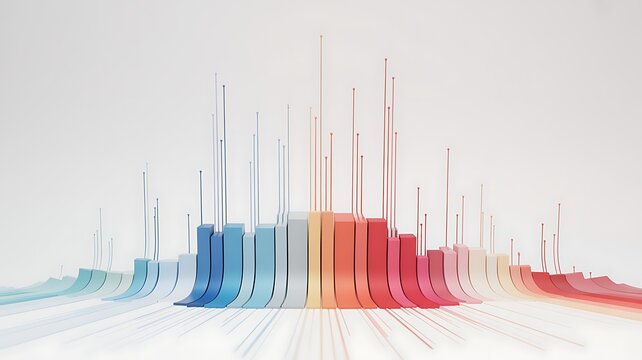 Abstract illustration representing data analysis and visualization with colorful 3d bar charts and lines on a white background