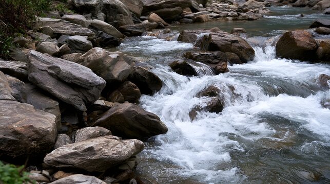 A clear stream flows energetically over large rocks creating white water rapids and natural textures in a forested riverbed