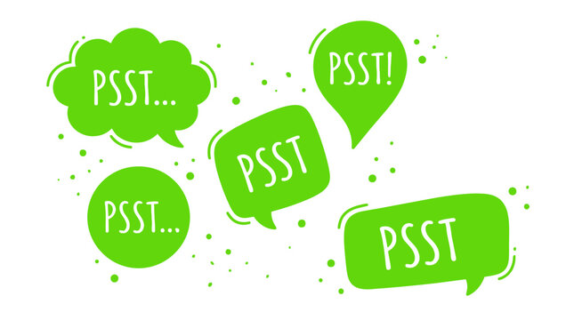 Bright green speech bubbles displaying psst whisper messages with fun modern hand drawn sketch style