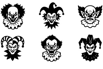 Obraz premium Evil Clown & Jester Head Icon Set - Black Horror Vector