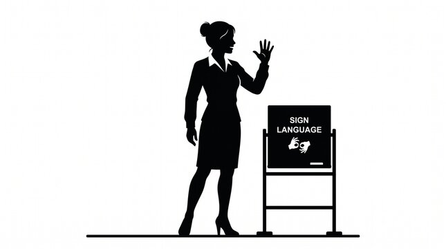 Woman signing silhouette, girl using sign language, ASL teacher concept, hand gesture communication, deaf interpretation, infographic graphic element