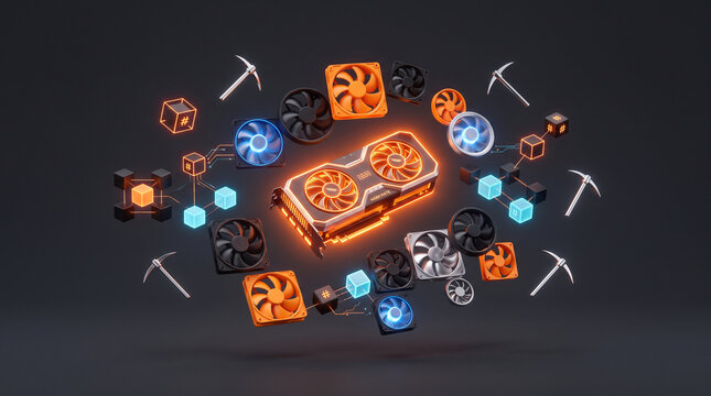 3D illustration depicting a high-performance graphics card (GPU) surrounded by cooling fans, pickaxes, and block symbols, symbolizing cryptocurrency mining and high-end gaming