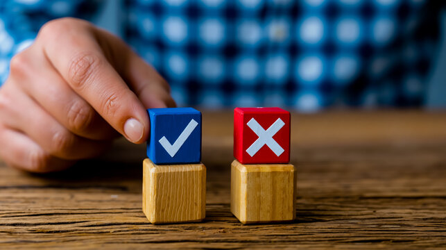 A person placing a check mark on a wooden block with a red and blue check mark