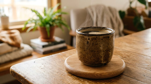 Minimalist wooden table with warm cup of coffee surrounded by cozy indoor greenery