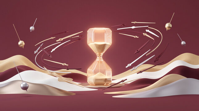 The image shows a 3D surreal digital illustration featuring a glowing golden hourglass as the central focus, surrounded by swirling abstract clock hands and pendulums over flowing wavy sand dunes agai