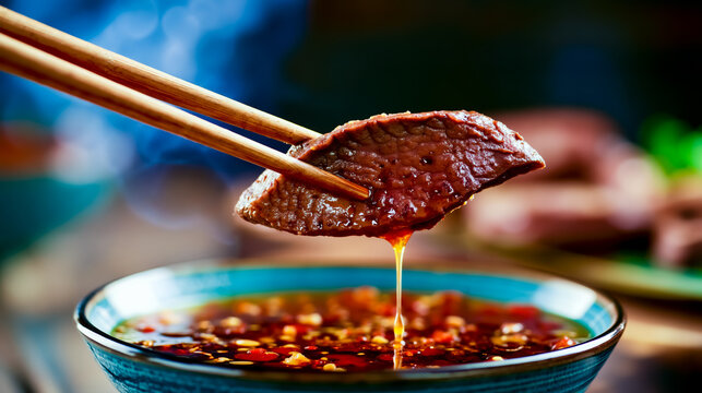 A piece of meat being held up with chopsticks over a bowl of sauce