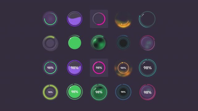 Smart home automation animated loading state set on dark background. Circle progress bars with percentage increase and AI voice assistant animation pack. Round displays HD video with alpha channel