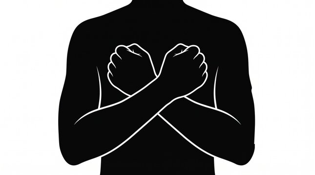 Negro silueta de hombre con brazos cruzados mostrando rechazo o decepci&oacute;n. S&iacute;mbolo vectorial de acuerdo negativo, falta de confianza, tensi&oacute;n o desacuerdo en contexto profesional o social.