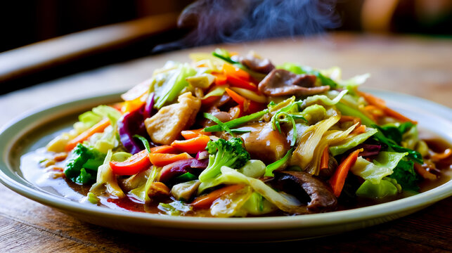 A plate of stir fried vegetables on a wooden table