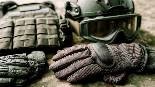 A pair of gloves a helmet and a vest on the ground