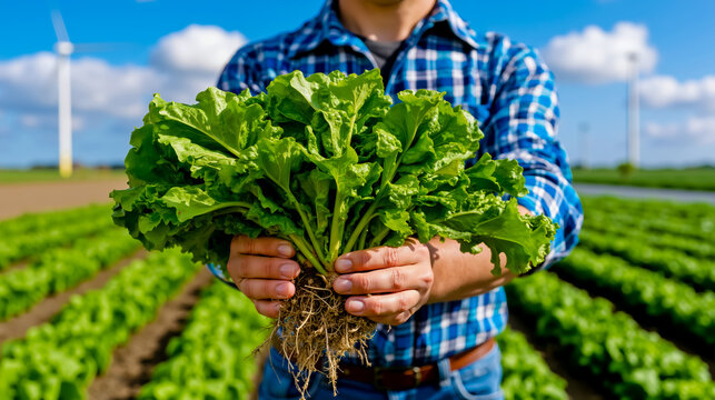 A man holding a bunch of lettuce in a field